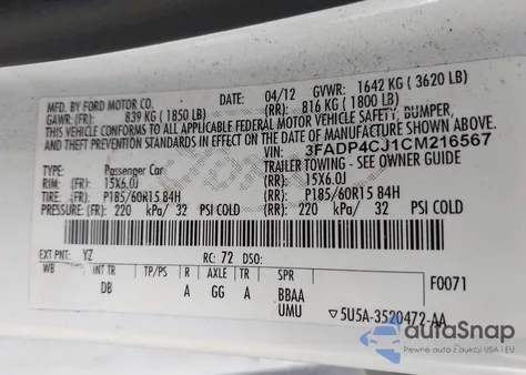 2012 Ford Fiesta Sel z USA, uszkodzony, nr VIN 3FADP4CJ1CM216567